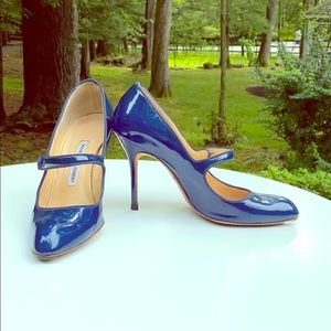 Manolo Blahnik "Campari" Mary Janes in Blue patent